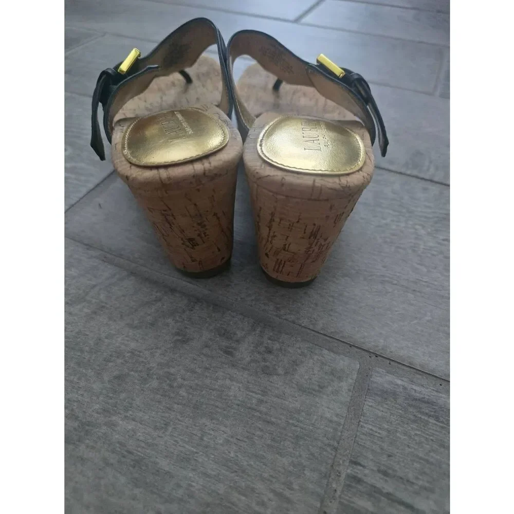 Women's Lauren Ralph Lauren Oralee‎ Wedge Sandal Black Leather and Cork Size 7.5